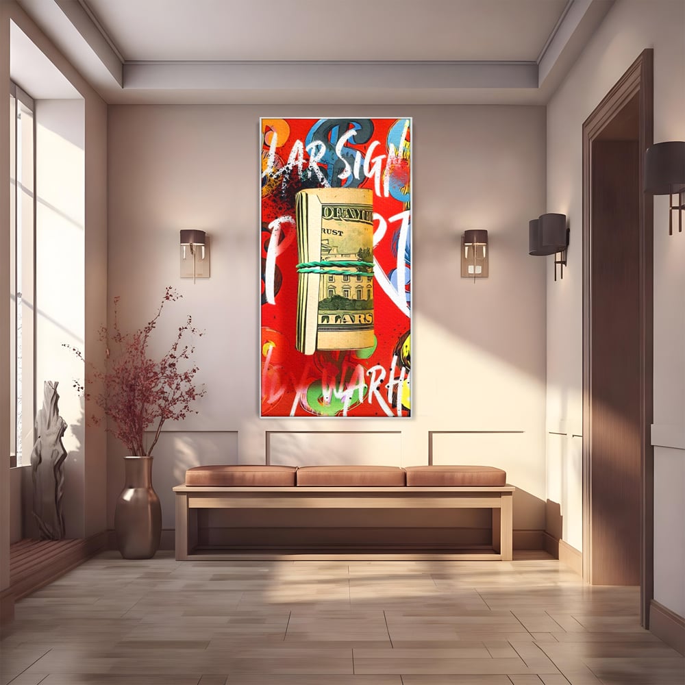 Tablou canvas cu tablou canvas cu teanc de dolari, in rama de aluminiu argintiu